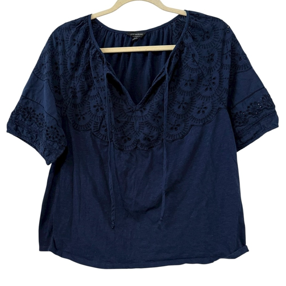 Lucky Brand Navy Blue Eyelet Embroidered Cotton Blouse Size Large